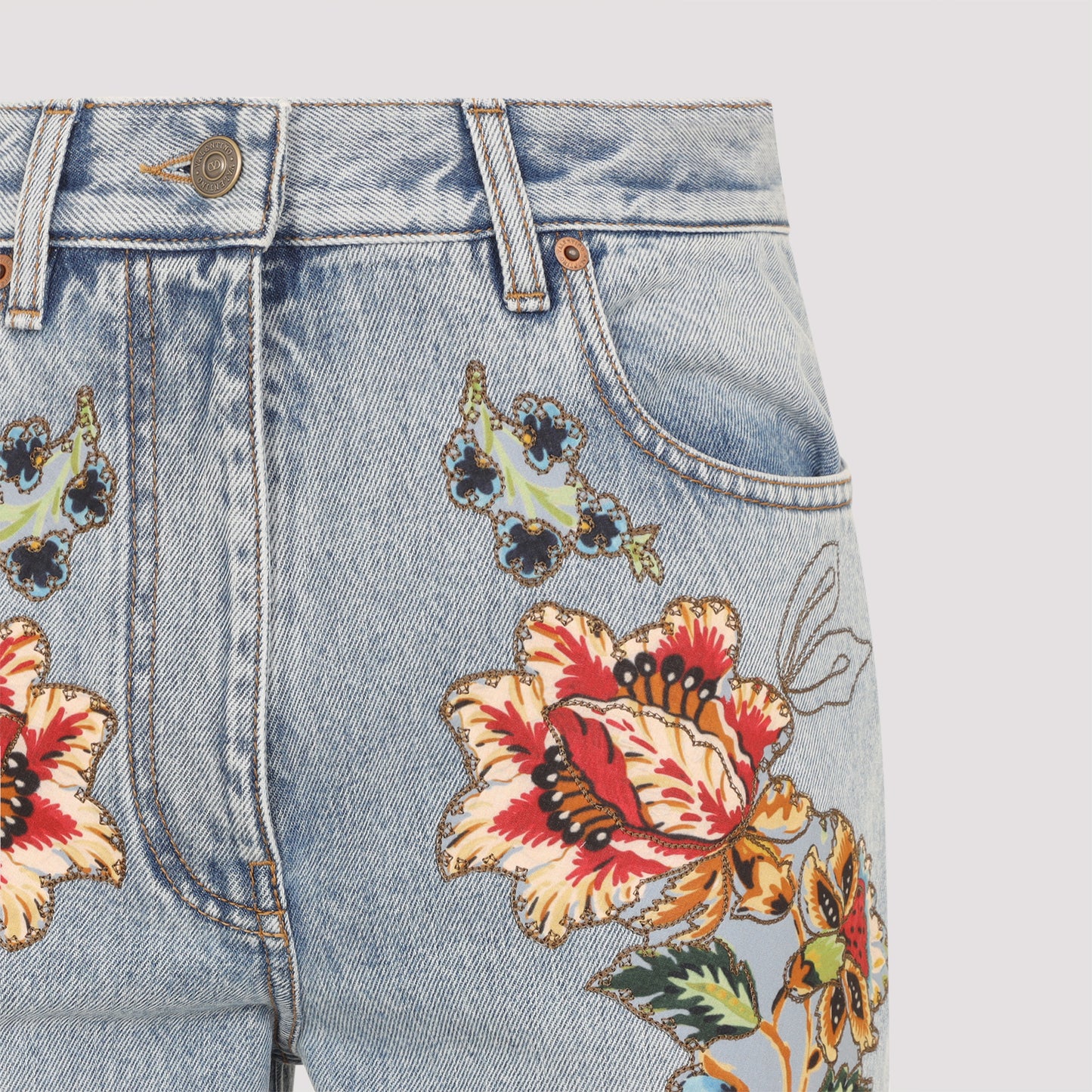 Light Wash Blue Denim Cotton Embroidered Flowers 5 Pockets Jeans