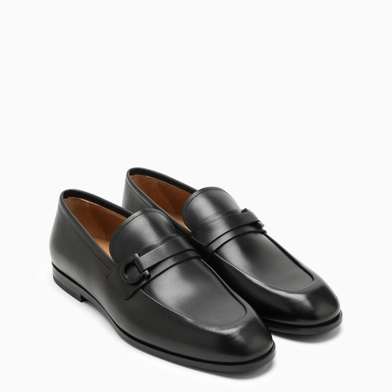 Black Leather Gancini Ornament Moccasin