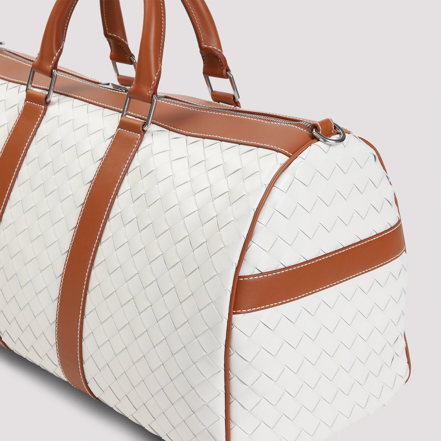 White and Brown Medium Classic Intrecciato Leather Duffle Bag