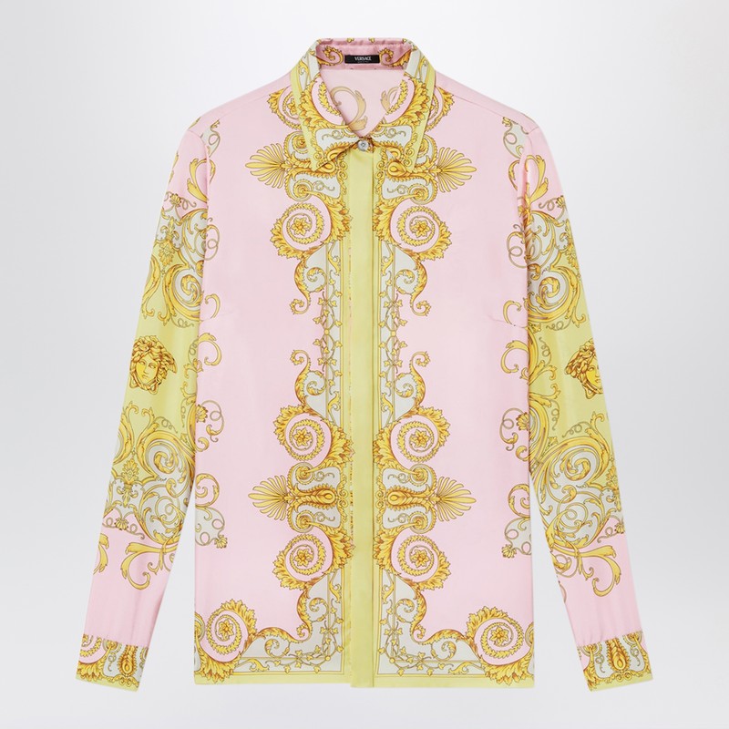 Printed silk twill shirt in yellow/pink