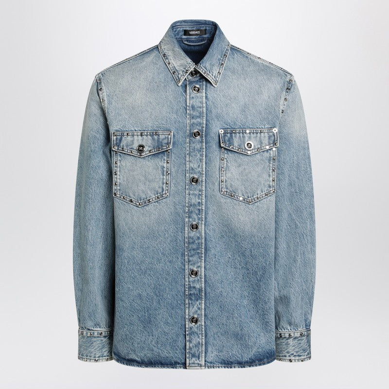 Light blue stone-washed denim shirt with studs