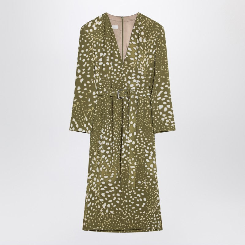Dress With Belt And Khaki Green Print