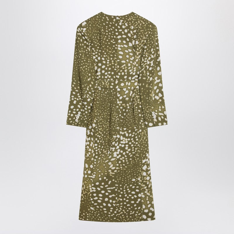 Dress With Belt And Khaki Green Print