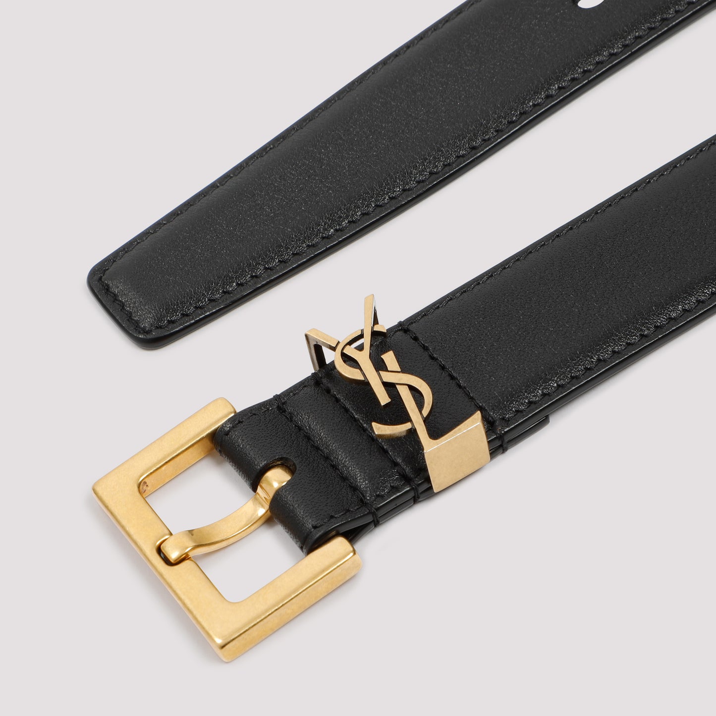 Black Leather Belt with YSL Monogram