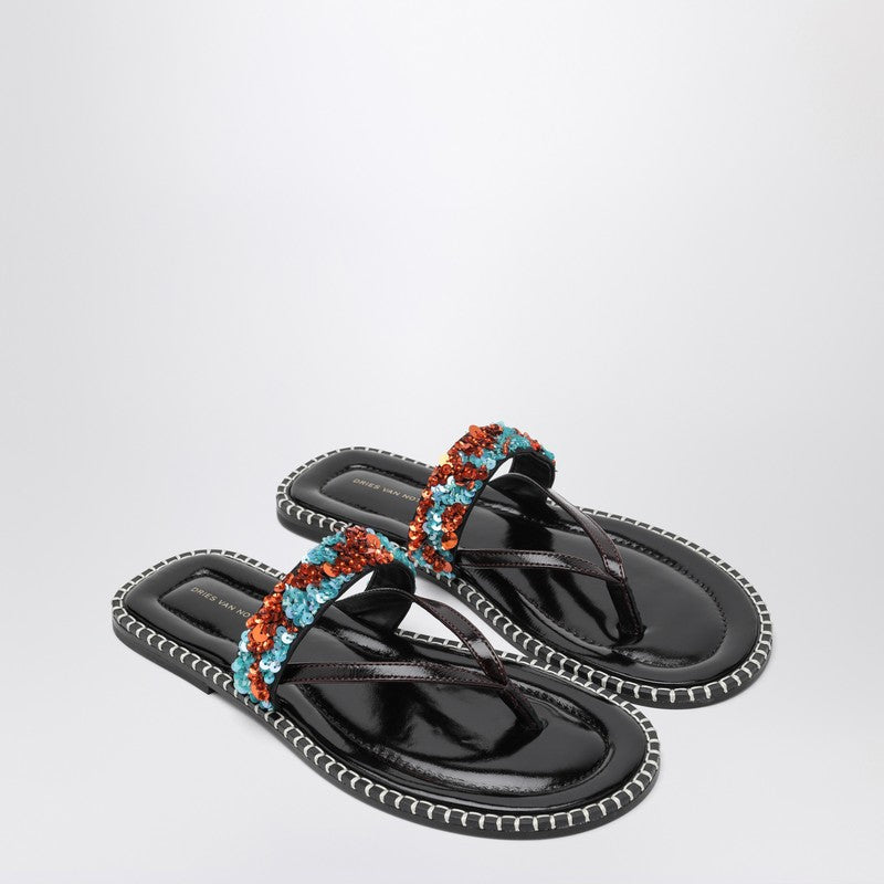 Black thong slip-on sandals with sequins