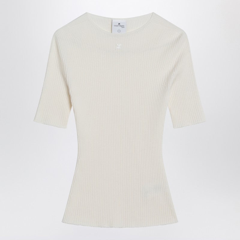 White Ribbed Sweater In Cotton And Wool