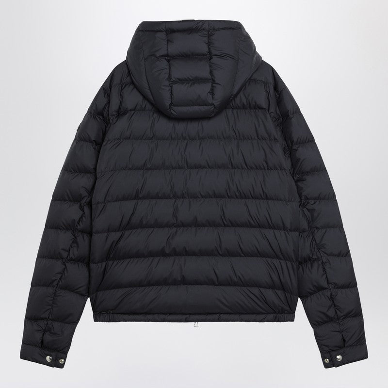 Navy blue short hooded down jacket