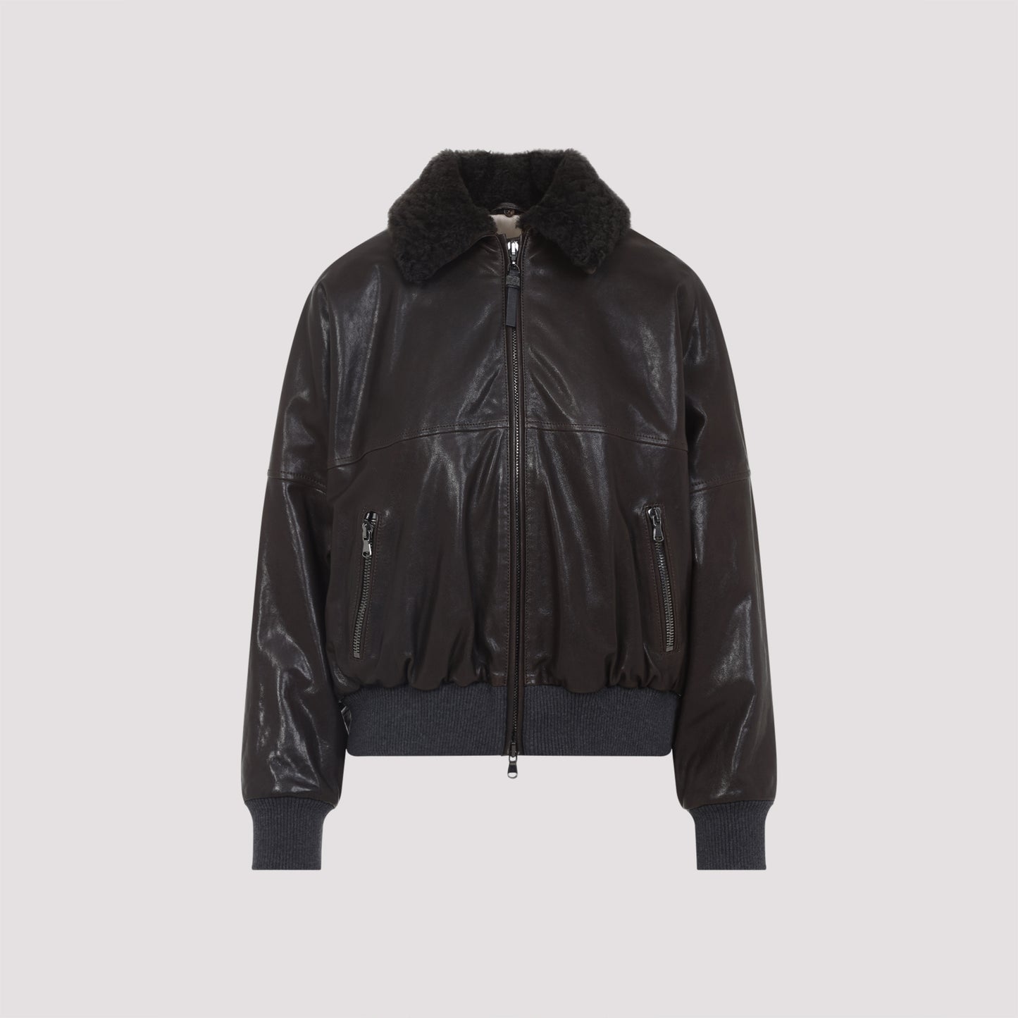 shearling collar leather jacket-image-1