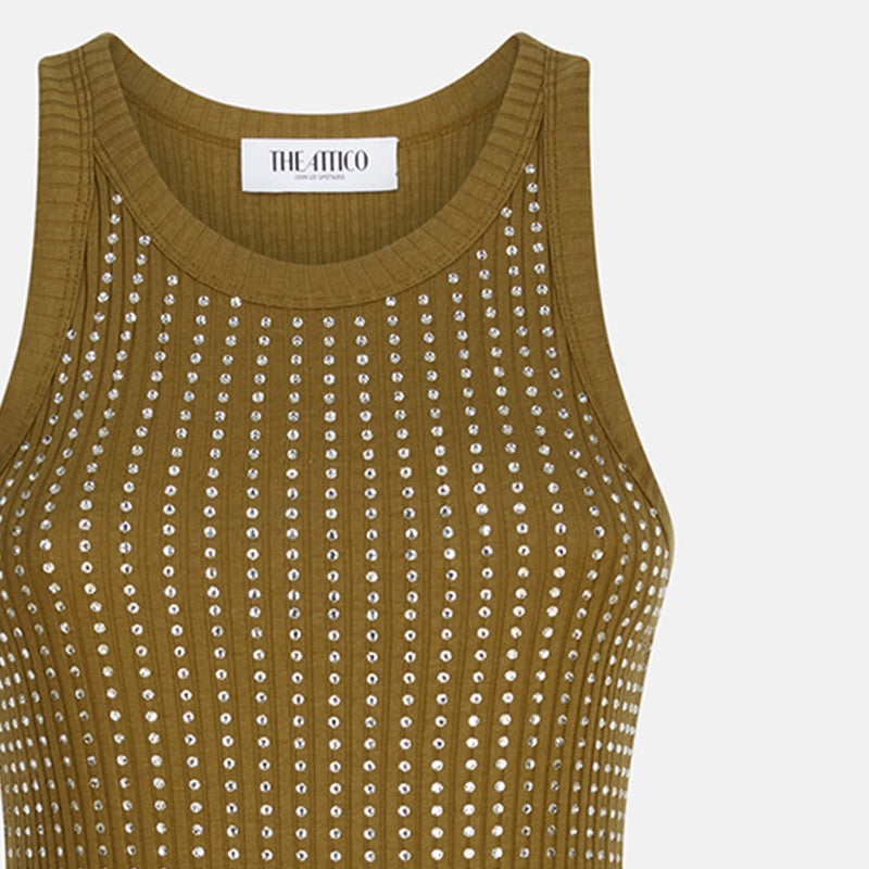 Military green mini dress with rhinestones