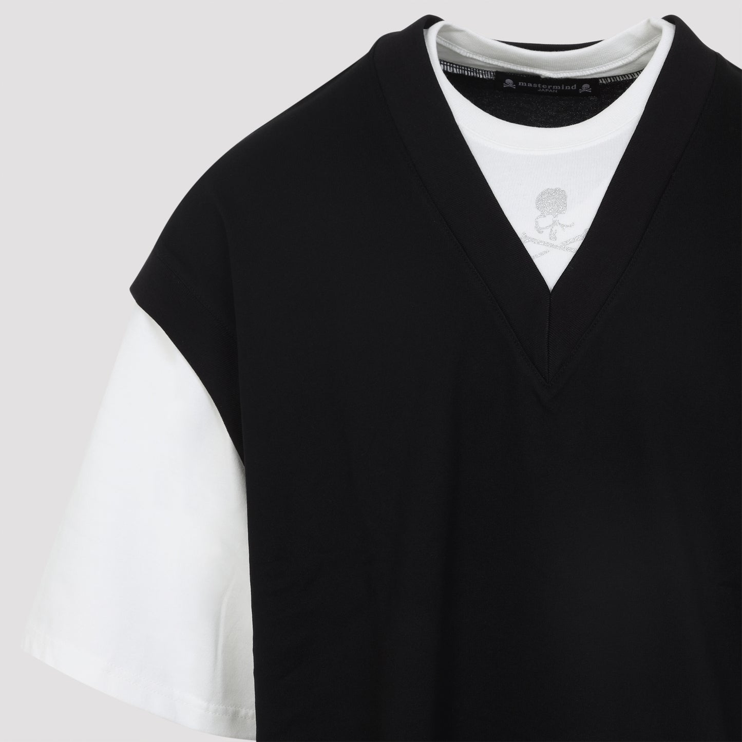 Black Cotton Layered Short Sleeves Vest Tee