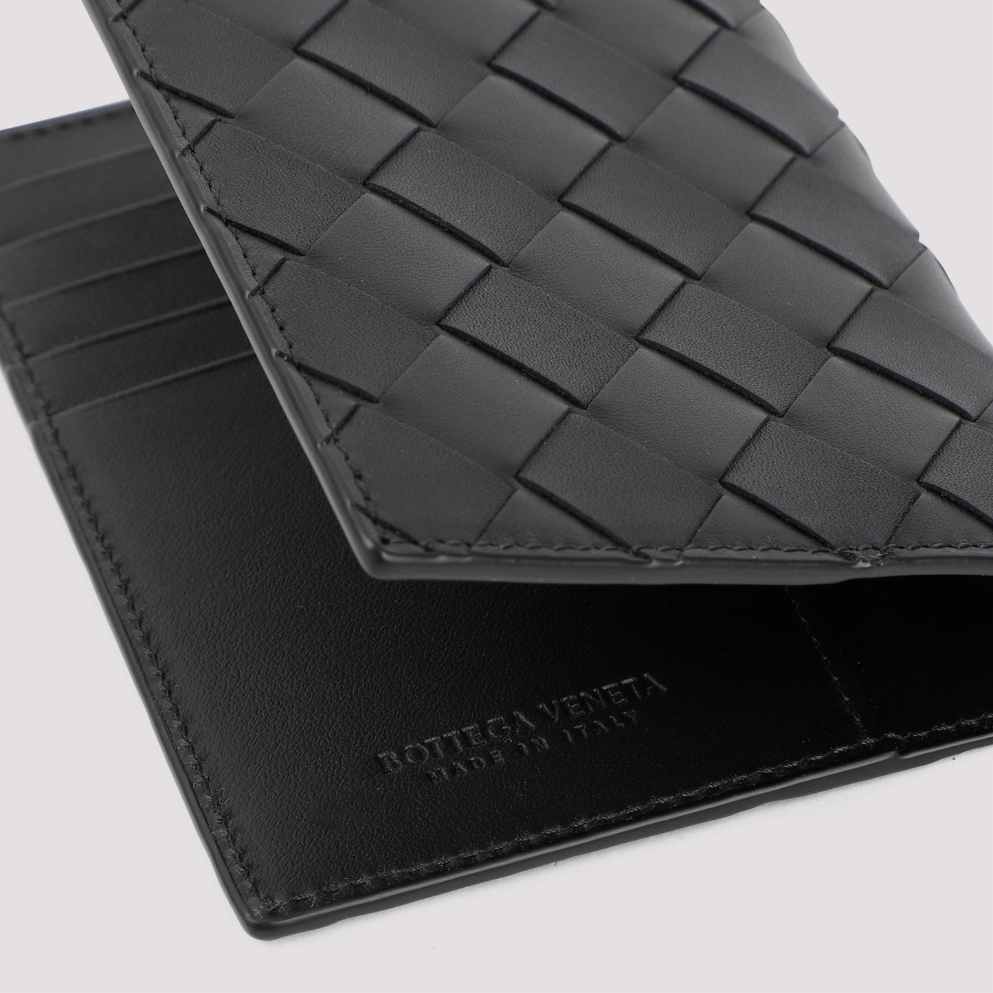 Black Leather Intrecciato Passport Case