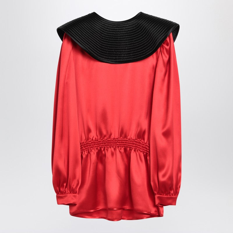 Red silk blouse with black collar