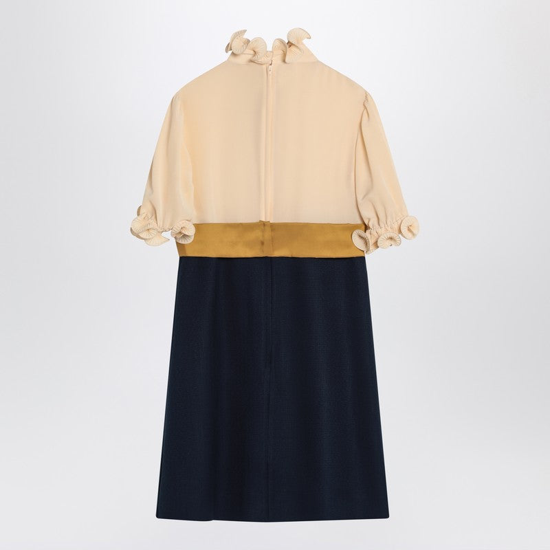 Mini dress with ruffles and bow in silk