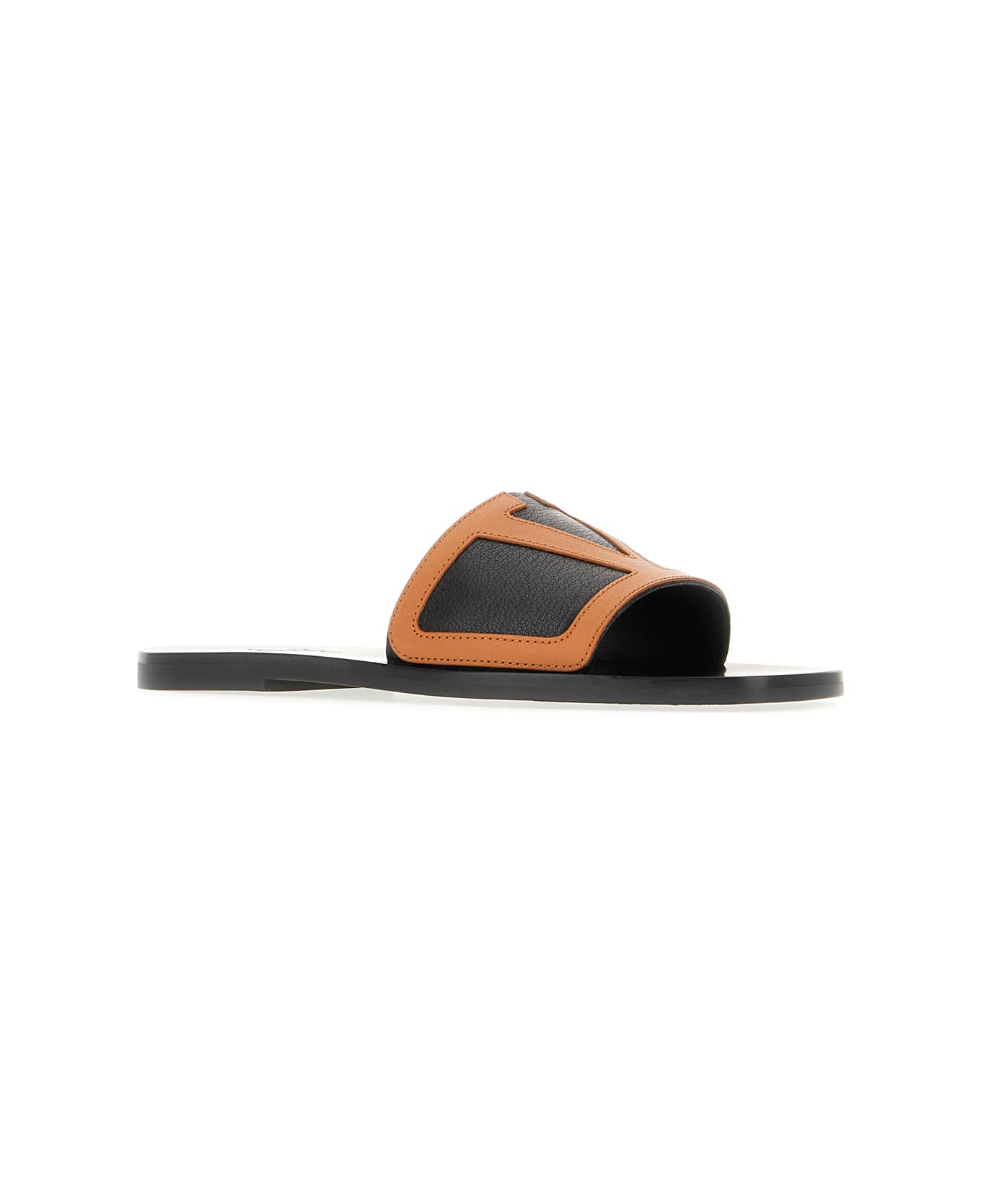 V LOGO LEATHER SLIDES