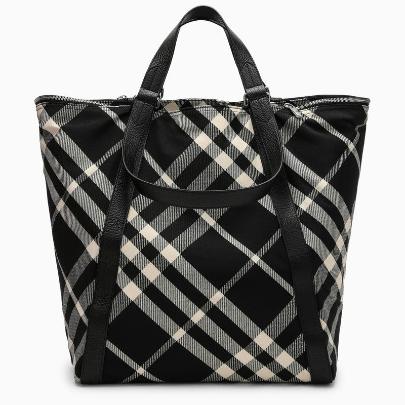 Black/calico Cotton-blend Tote Bag With Check Pattern