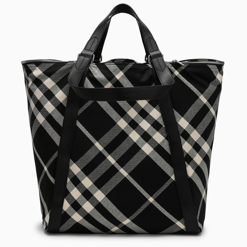 Black/calico Cotton-blend Tote Bag With Check Pattern