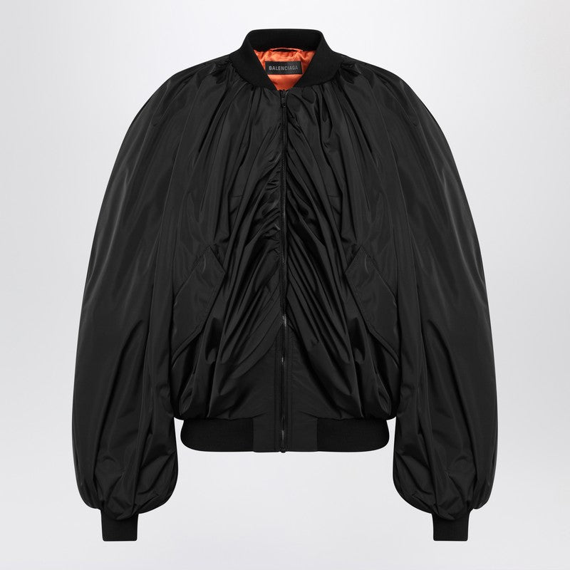 Draped Black Bomber Jacket In Technical Micro-faille