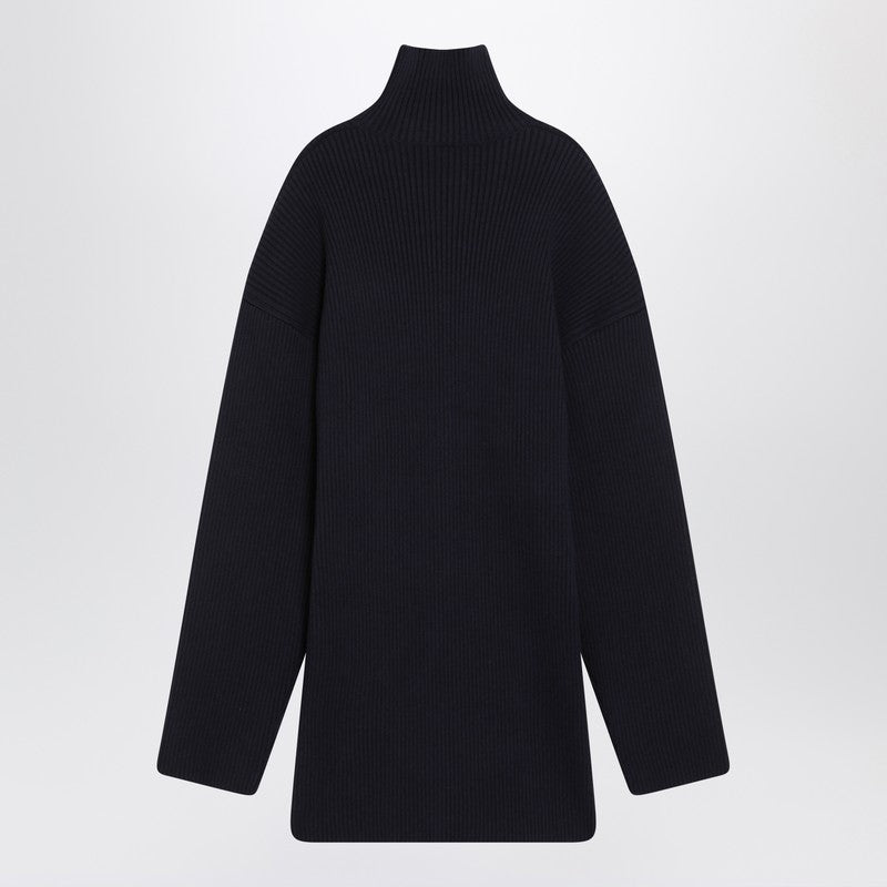 Pinched navy mini dress in wool and cotton