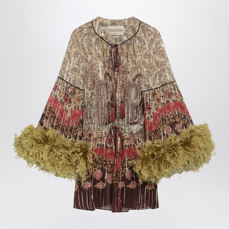 Paisley print georgette blouse with feathers