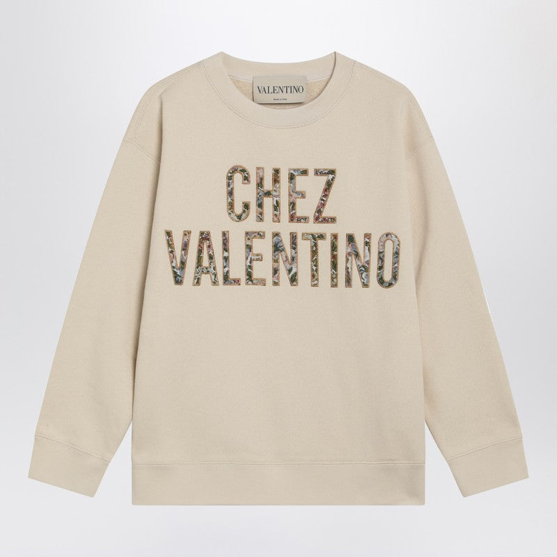 Ivory cotton sweatshirt with Chez Valentino floral motif