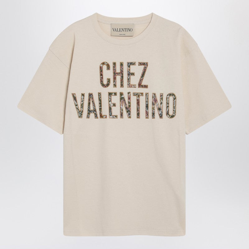 Ivory cotton T-shirt with Chez Valentino floral motif