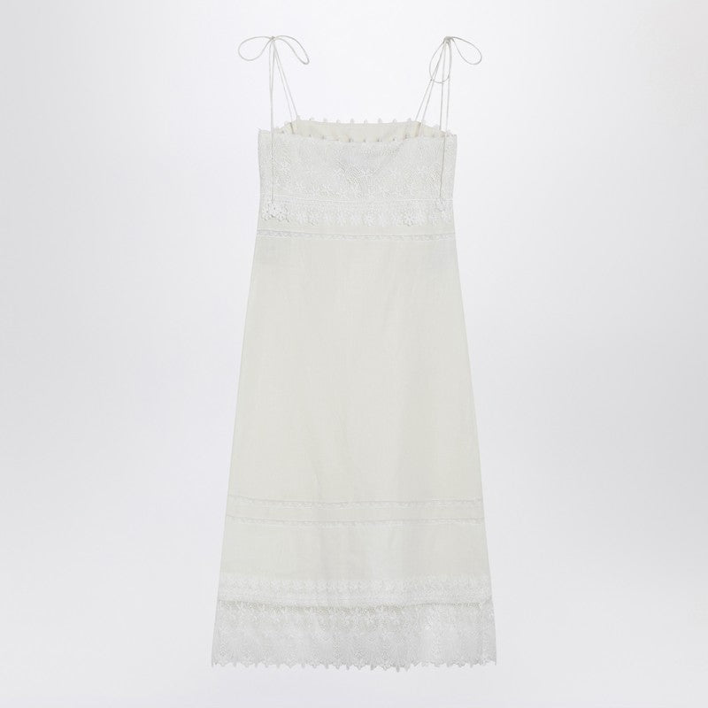 Ivory linen midi dress with Sangallo embroidery