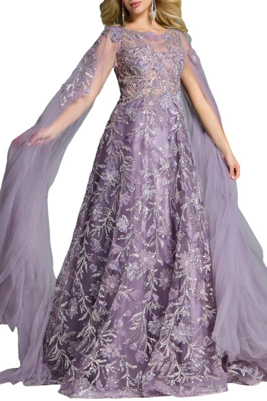 A-LINE GOWN WITH FLORAL EMBROIDERY AND CAPE SLEEVES