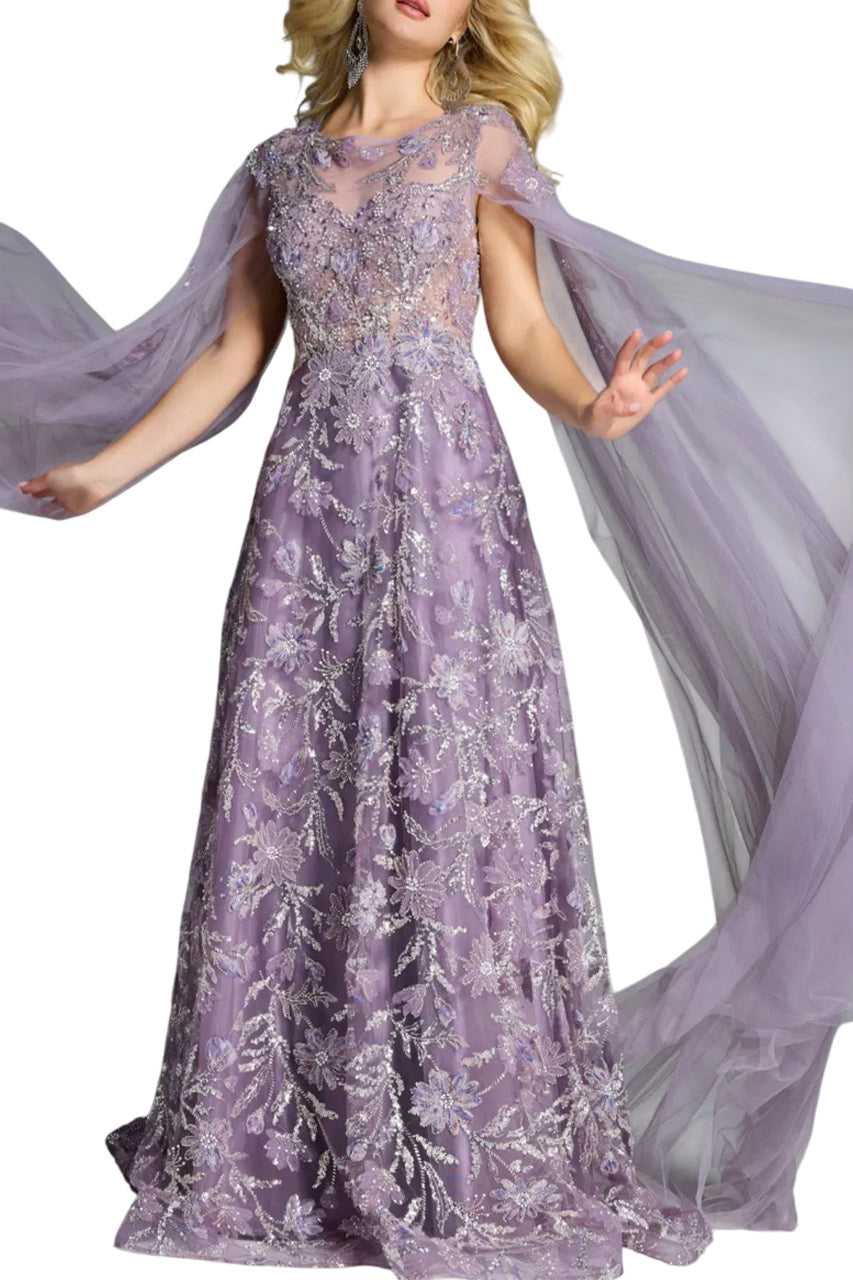 A-LINE GOWN WITH FLORAL EMBROIDERY AND CAPE SLEEVES