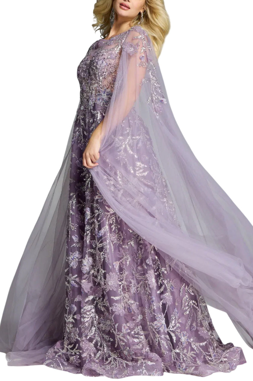 A-LINE GOWN WITH FLORAL EMBROIDERY AND CAPE SLEEVES