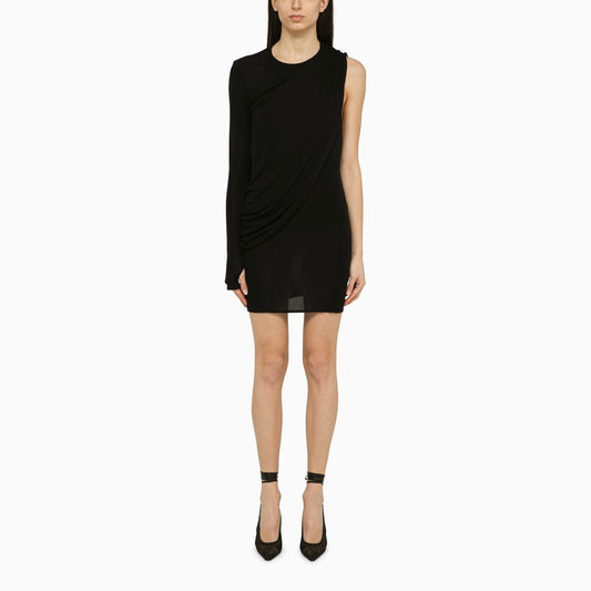 Black viscose one-shoulder dress with drape