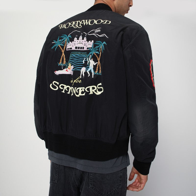 Black cotton and nylon bomber jacket