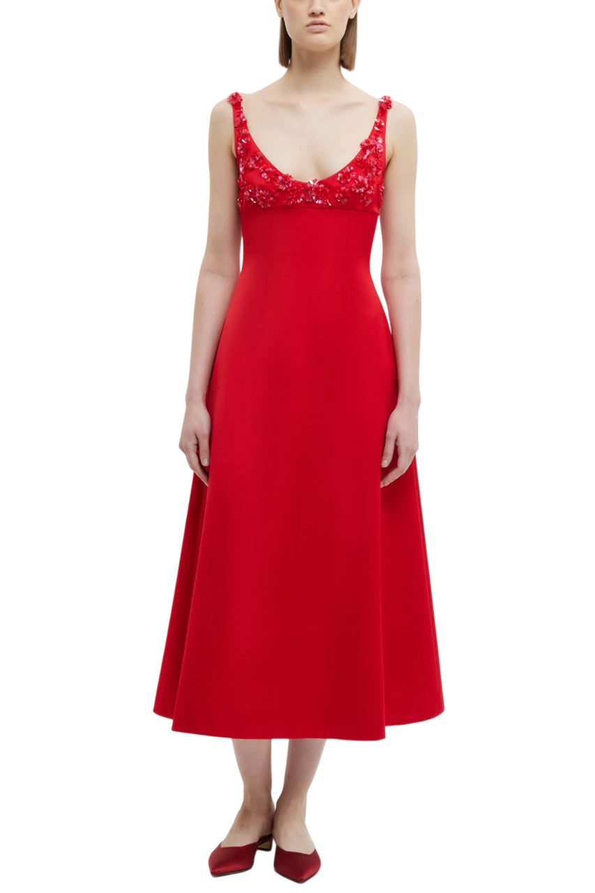 ABELLA EMBELLISHED DRESS IN BRIGHT RED DOPPIO SATIN