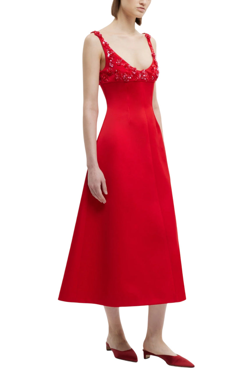 ABELLA EMBELLISHED DRESS IN BRIGHT RED DOPPIO SATIN