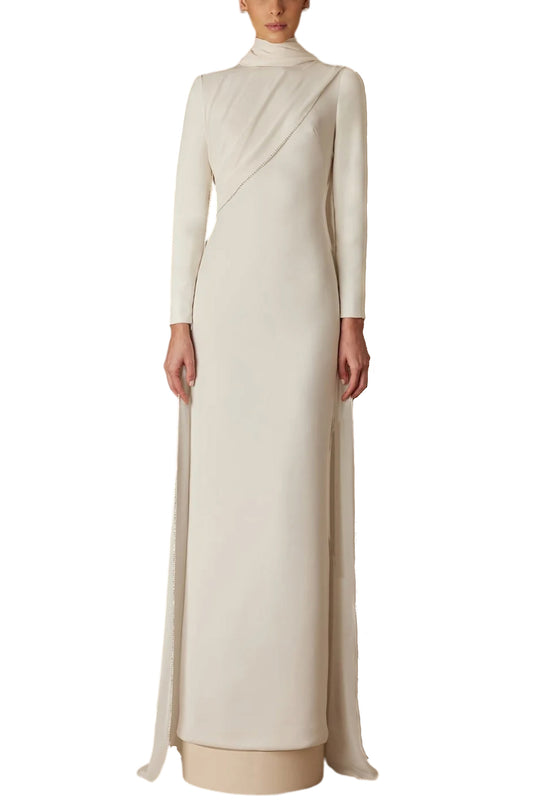 AIDA CREPE DRESS WITH HANDMADE CRYSTAL STONE EDGE EMBROIDERY CAPE