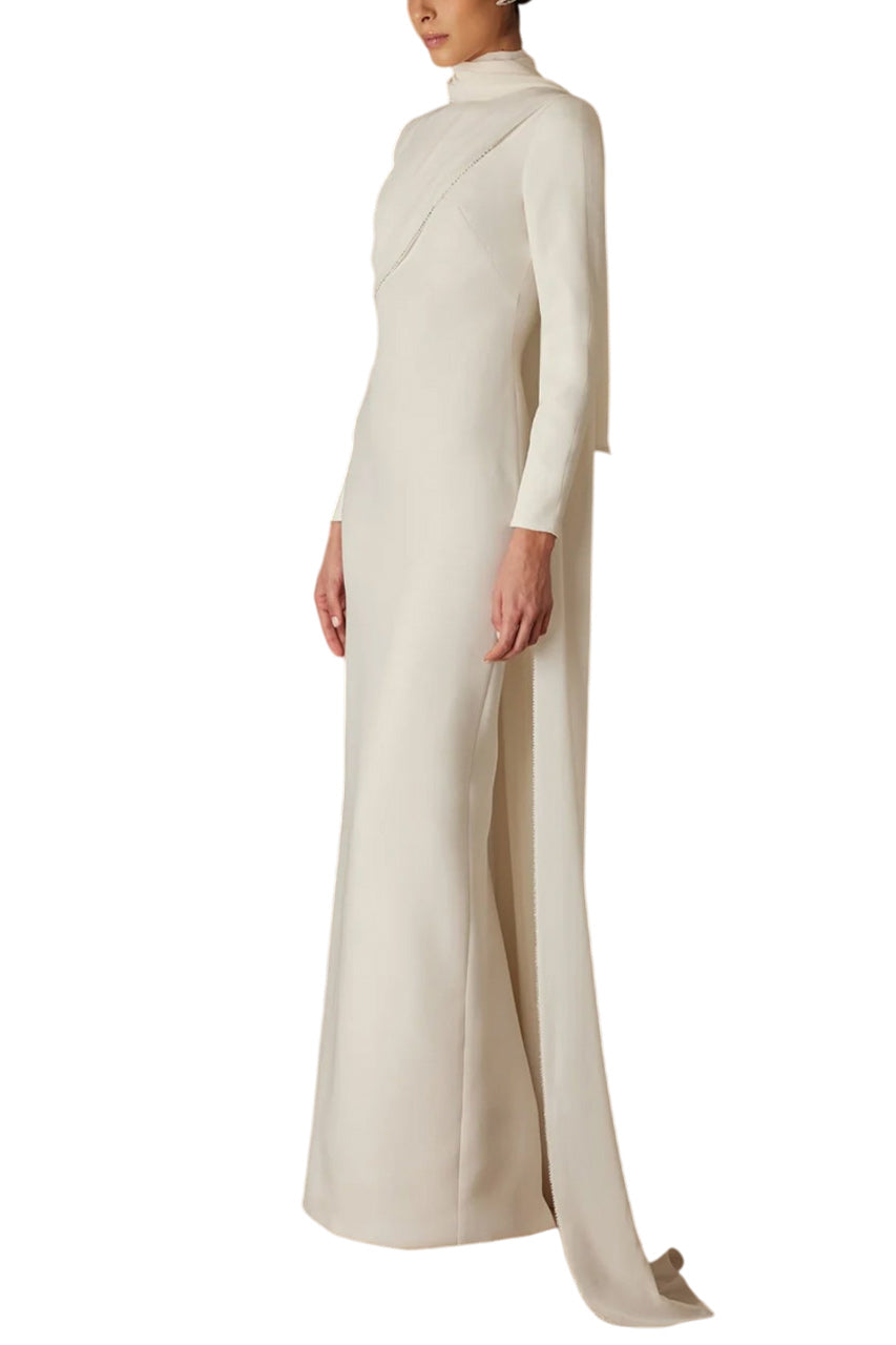 AIDA CREPE DRESS WITH HANDMADE CRYSTAL STONE EDGE EMBROIDERY CAPE