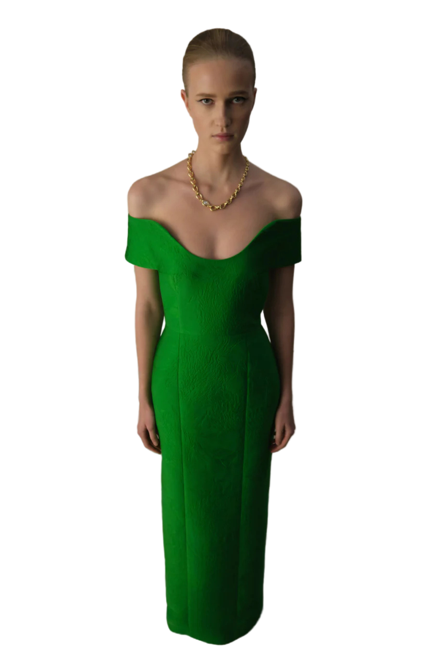 AISLIN DRESS IN GREEN EMBOSSED CLOQUE