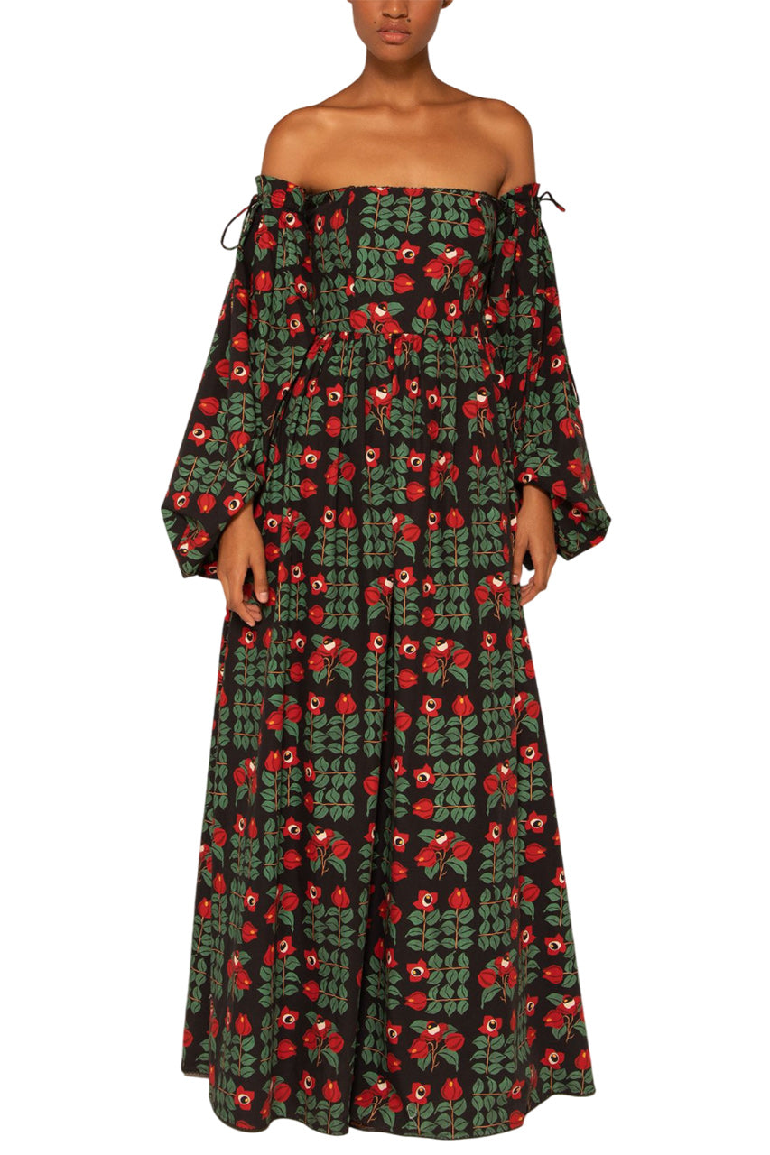 ALHELI PRINTED COTTON OFF-THE-SHOULDER MAXI DRESS