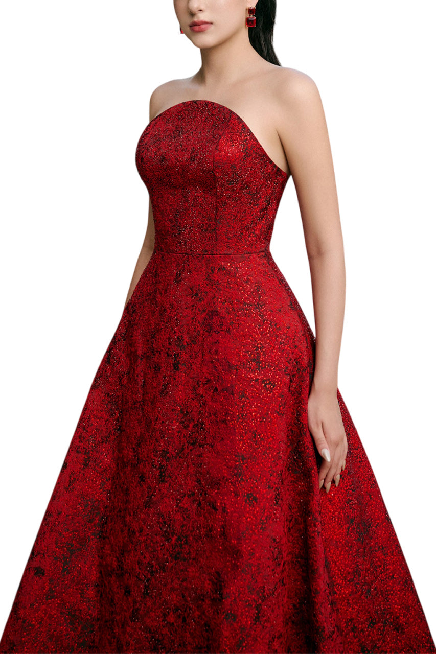 ANGELIQUE A-LINE CURVED NECK BROCADE FLOOR LENGTH DRESS
