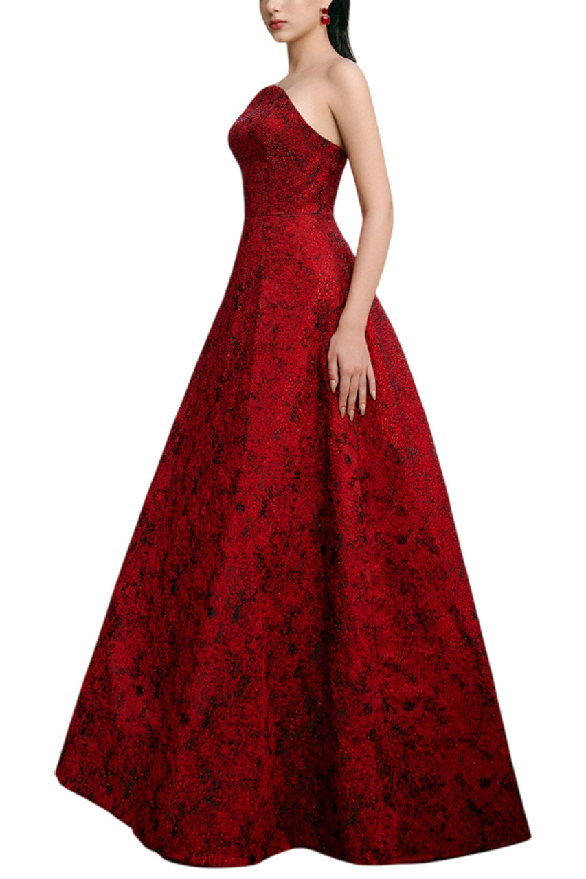 ANGELIQUE A-LINE CURVED NECK BROCADE FLOOR LENGTH DRESS