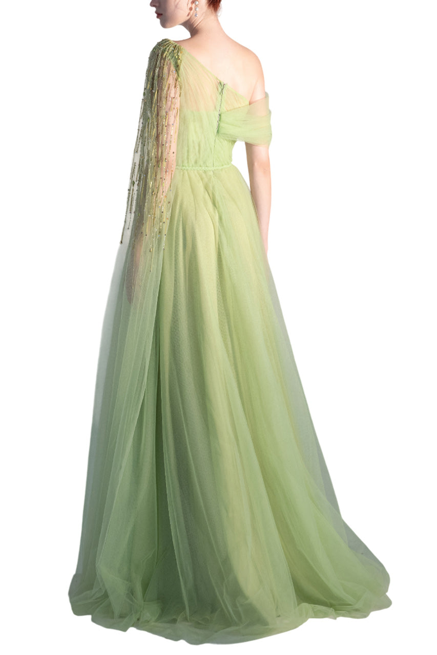 ASYMMETRIC EMBELLISHED TULLE GOWN