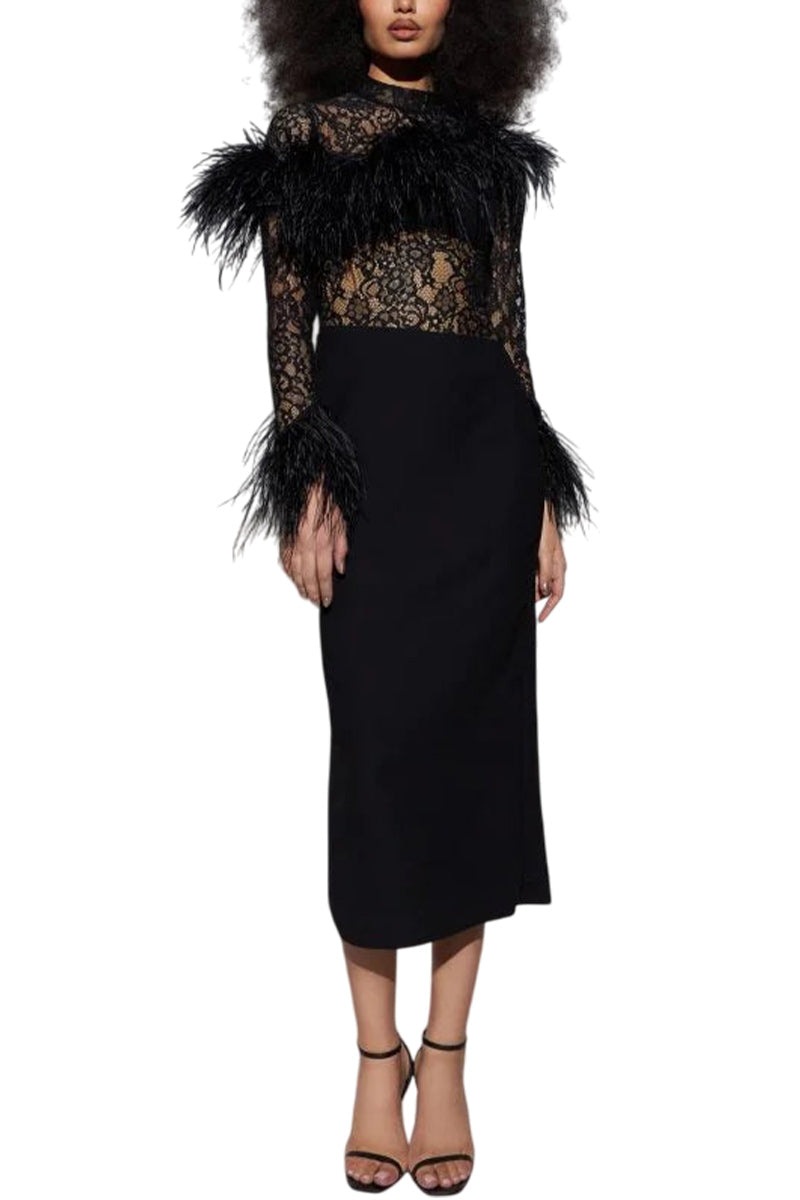 ASYMMETRIC FEATHER LACE AND CREPE DRESS