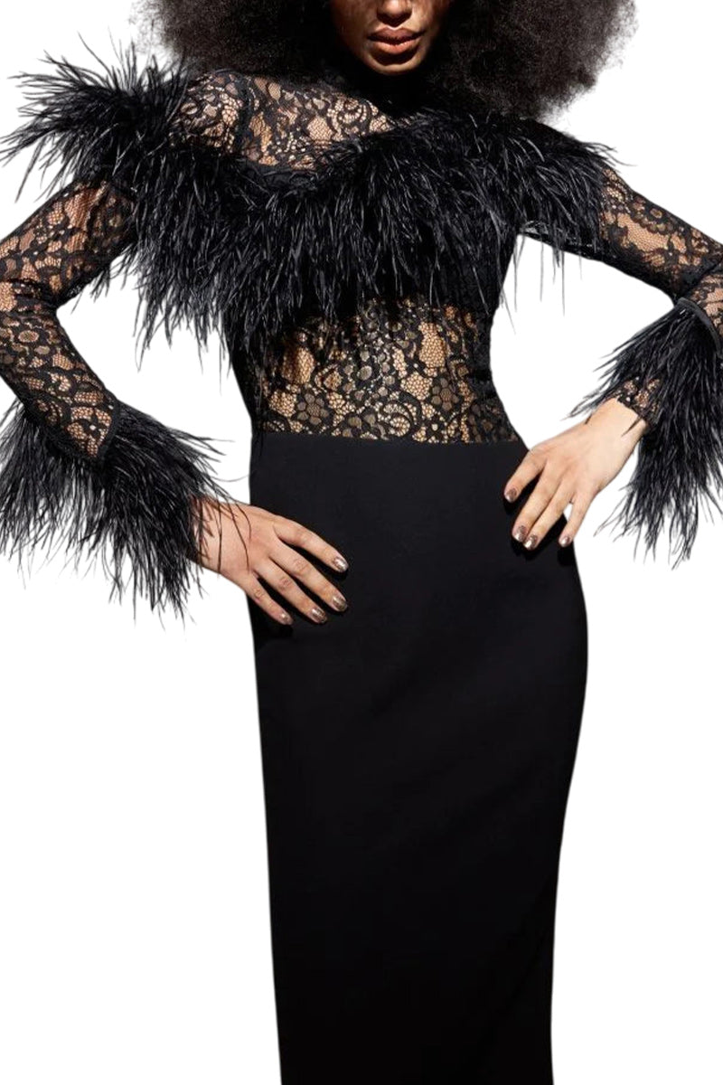 ASYMMETRIC FEATHER LACE AND CREPE DRESS