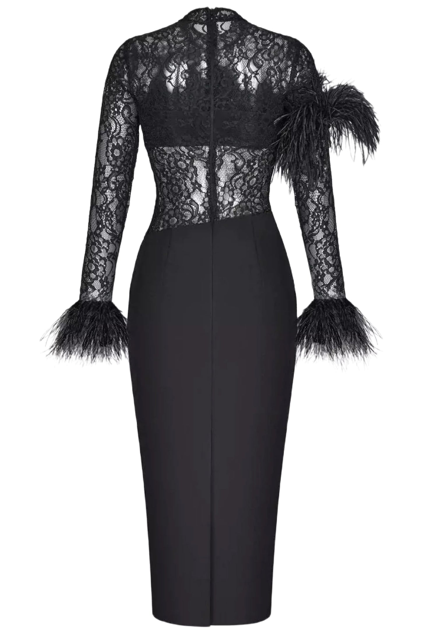 ASYMMETRIC FEATHER LACE AND CREPE DRESS