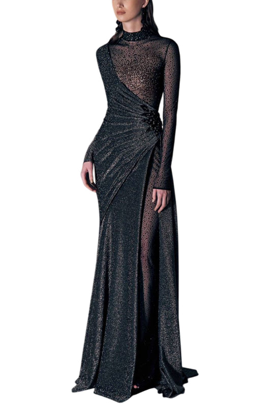 ASYMMETRICAL CRYSTAL MESH GOWN