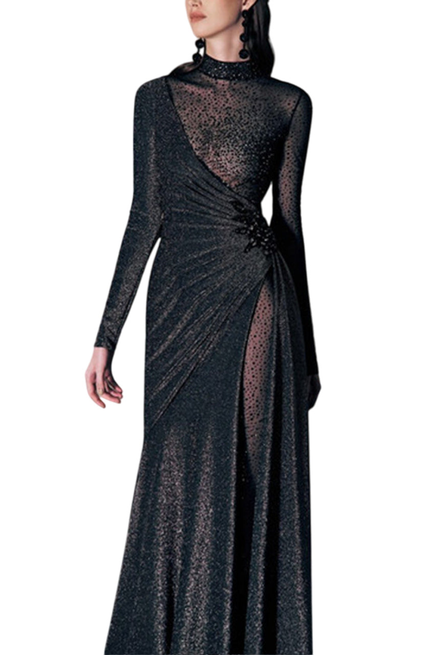 ASYMMETRICAL CRYSTAL MESH GOWN