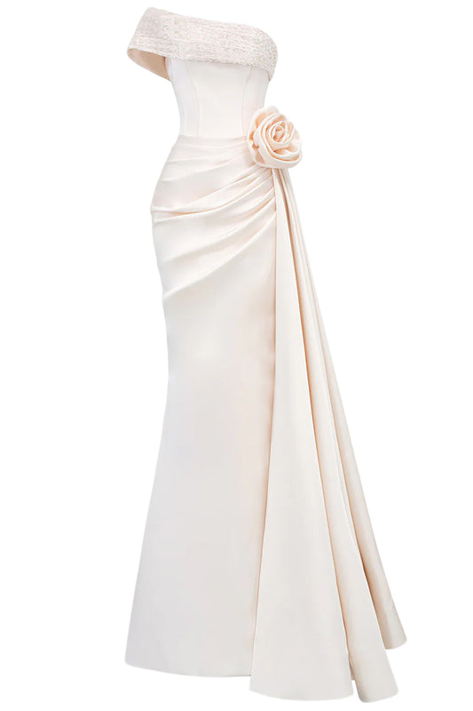 ASYMMETRICAL SHOULDER GOWN WITH DRAPPED DETAILS