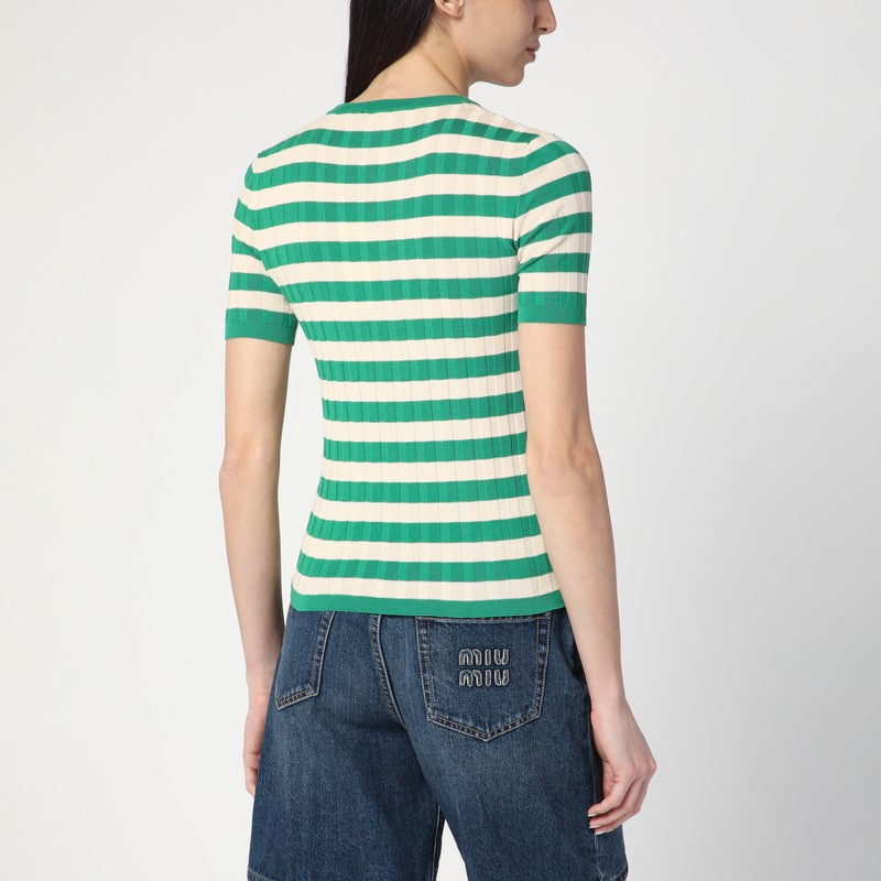 Green/ivory Striped Sweater In Cotton