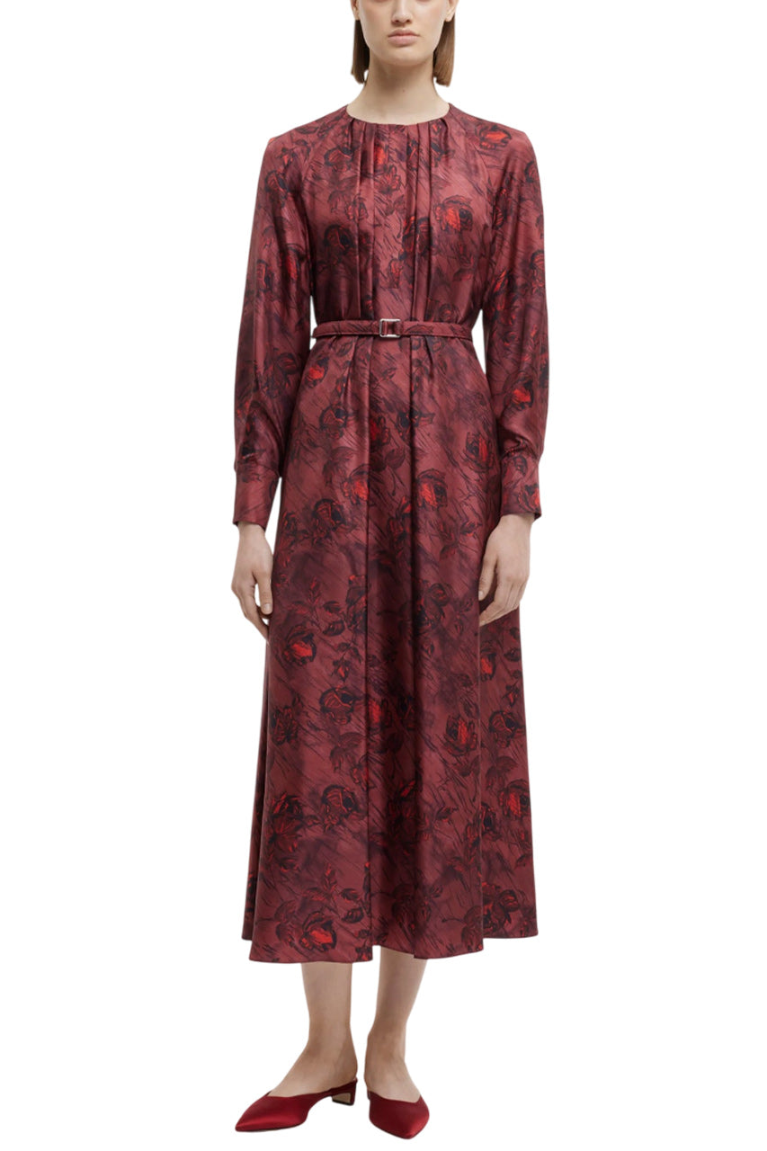 BAHITI DRESS IN RED ROSES ON MARBLE PRINT SILK TWILL
