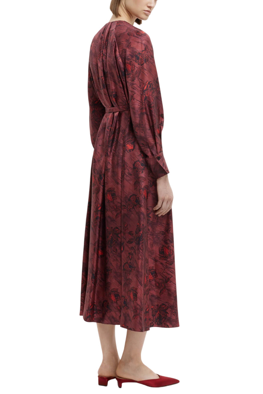 BAHITI DRESS IN RED ROSES ON MARBLE PRINT SILK TWILL