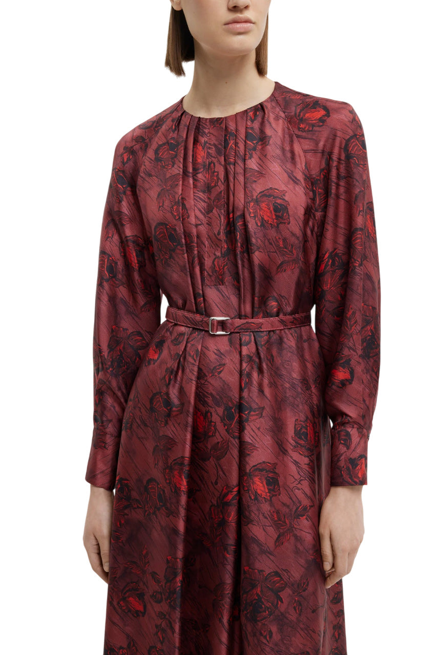BAHITI DRESS IN RED ROSES ON MARBLE PRINT SILK TWILL